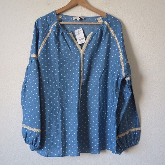Weekend Suzanne Betro Top Womens XL Blue Heart Dot Print Chambray Shirt NWT - Picture 5 of 8